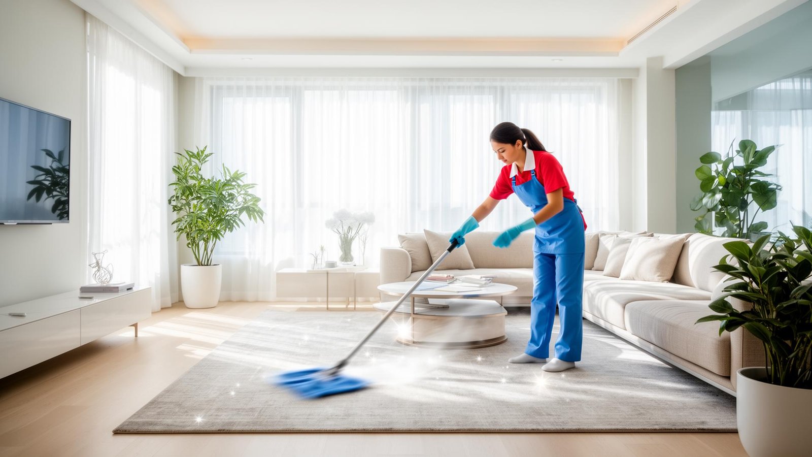 A bright living space being professionally cleaned